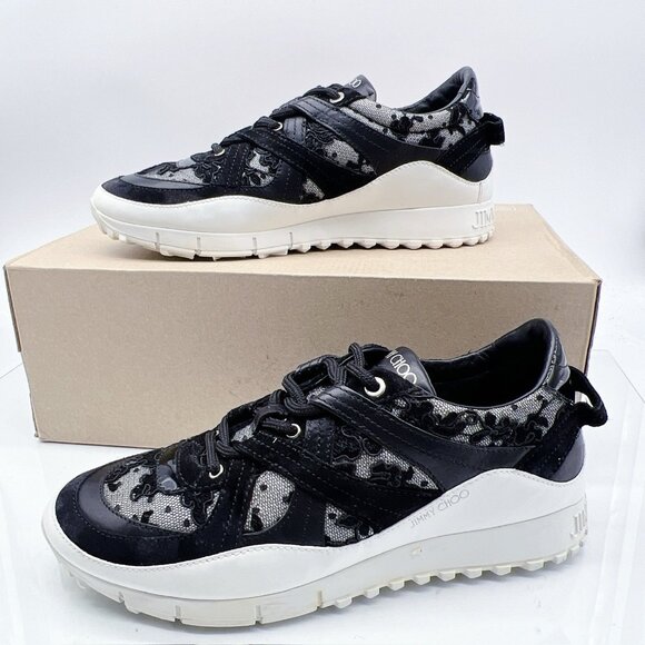 Jimmy Choo Seattle Floral Lace Mesh Trainers Sneaker Black Leather EU 39 US 9 - Picture 4 of 12